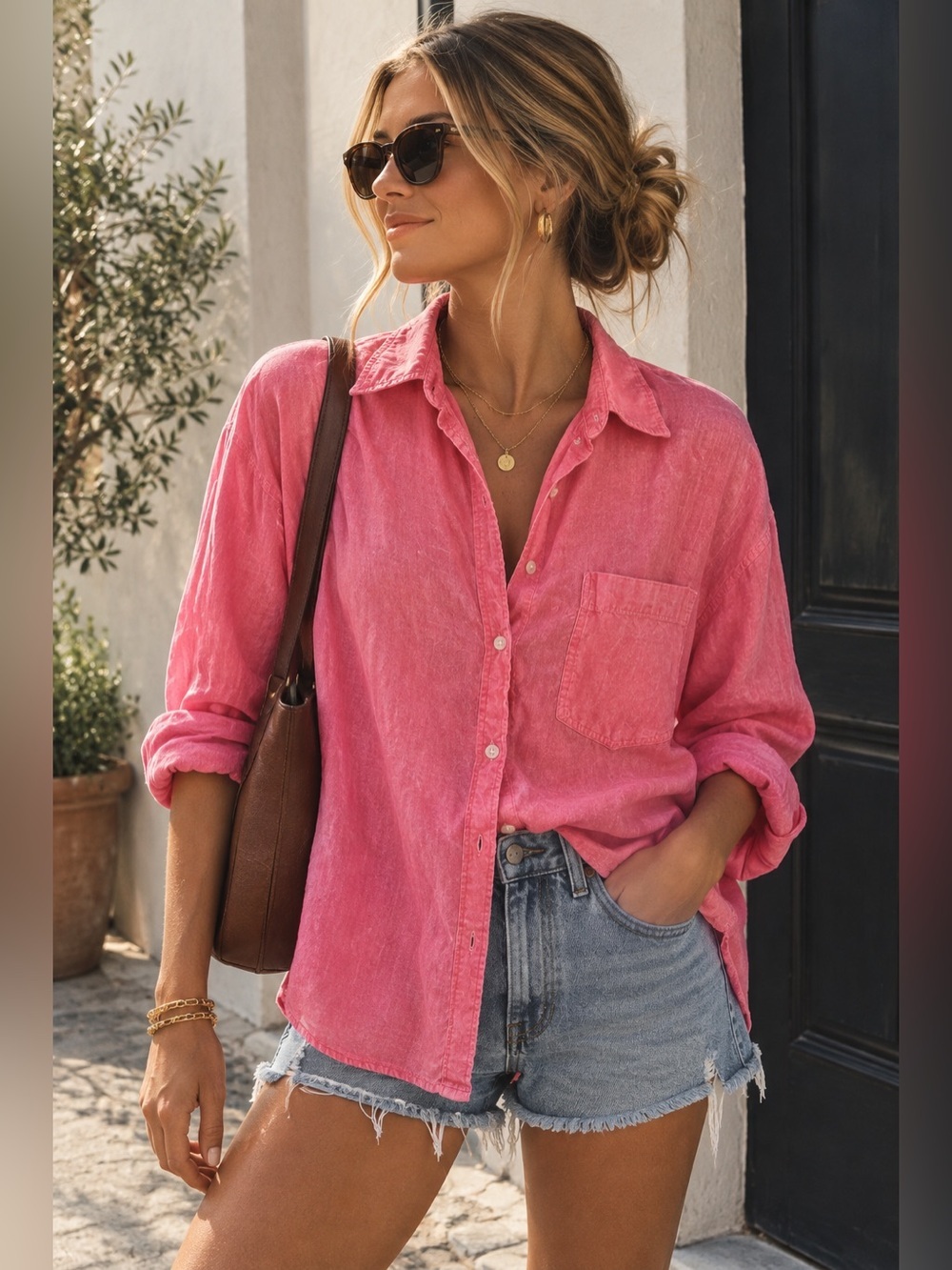 H&M Pink Coral Casual Button-Down Shirt